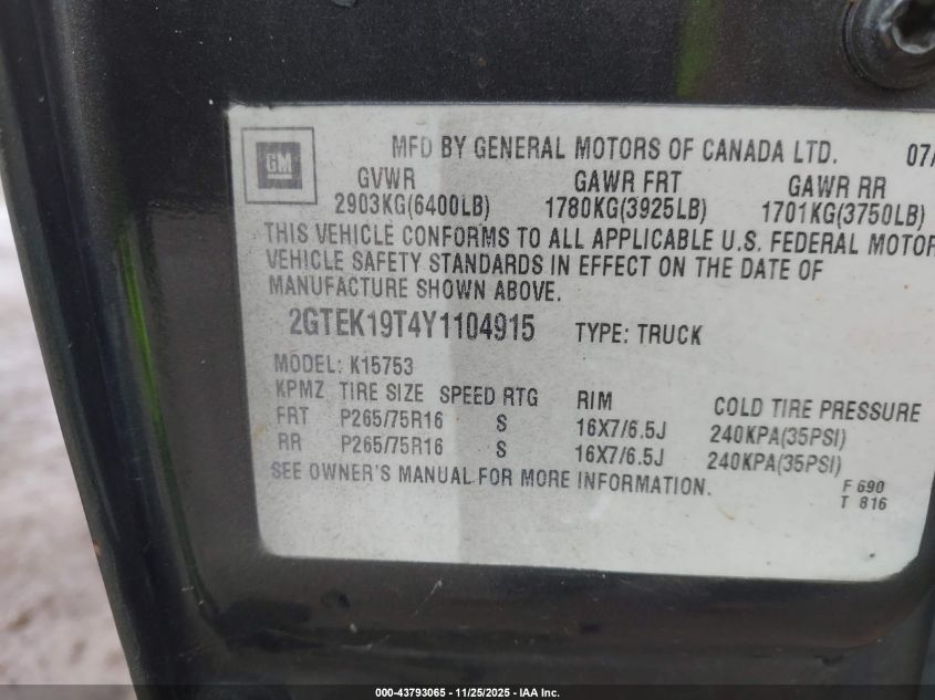 2000 GMC Sierra 1500 Sle VIN: 2GTEK19T4Y1104915 Lot: 43793065