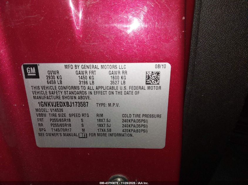 2011 Chevrolet Traverse 2Lt VIN: 1GNKVJEDXBJ173587 Lot: 43793078