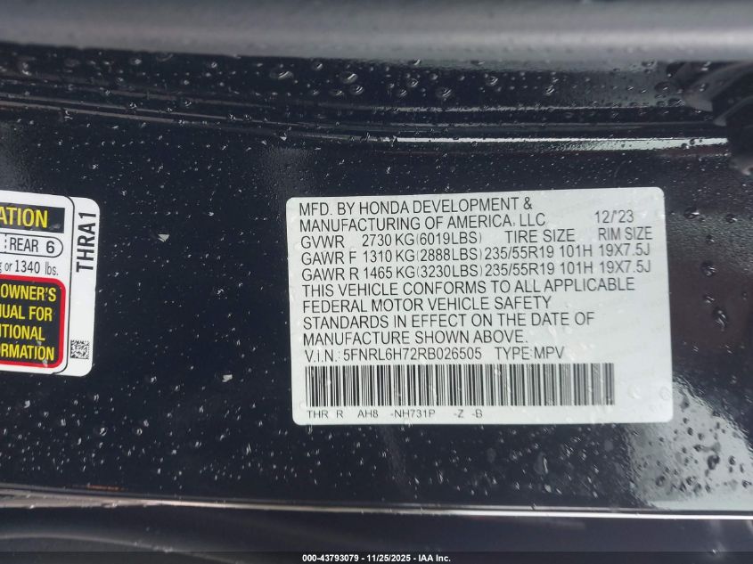 2024 Honda Odyssey Sport VIN: 5FNRL6H72RB026505 Lot: 43793079