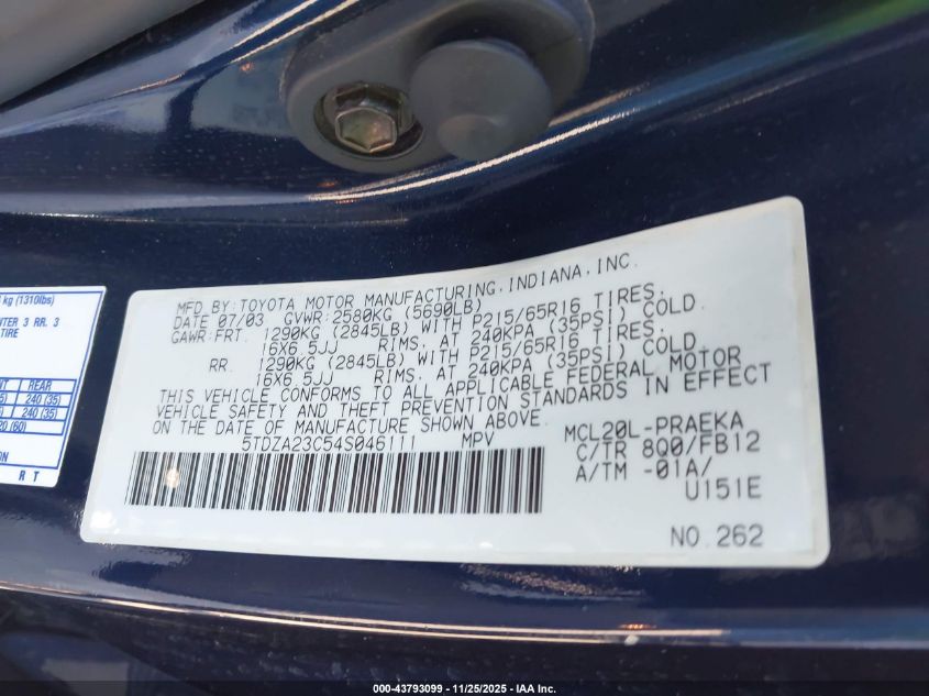 2004 Toyota Sienna Le VIN: 5TDZA23C54S046111 Lot: 43793099