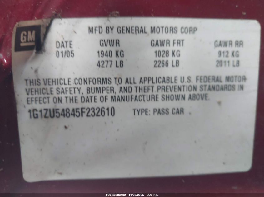 2005 Chevrolet Malibu Lt VIN: 1G1ZU54845F232610 Lot: 43793102
