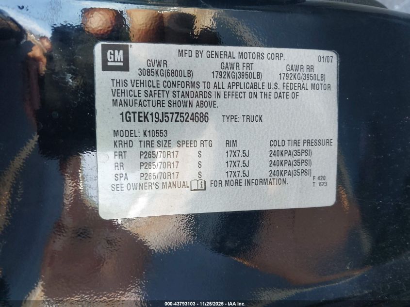 2007 GMC Sierra 1500 Slt VIN: 1GTEK19J57Z524686 Lot: 43793103