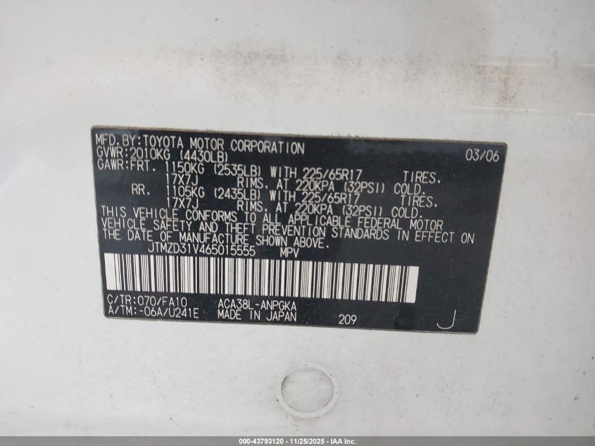 2006 Toyota Rav4 Limited VIN: JTMZD31V465015555 Lot: 43793120