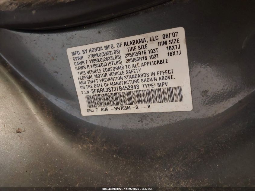 2007 Honda Odyssey Ex-L VIN: 5FNRL38737B452943 Lot: 43793122