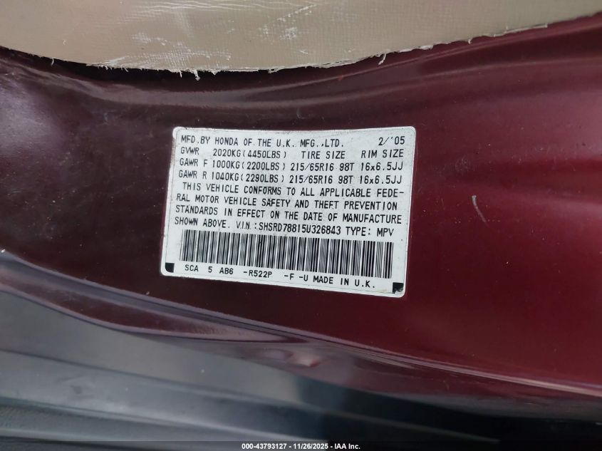 2005 Honda Cr-V Ex VIN: SHSRD78815U326843 Lot: 43793127