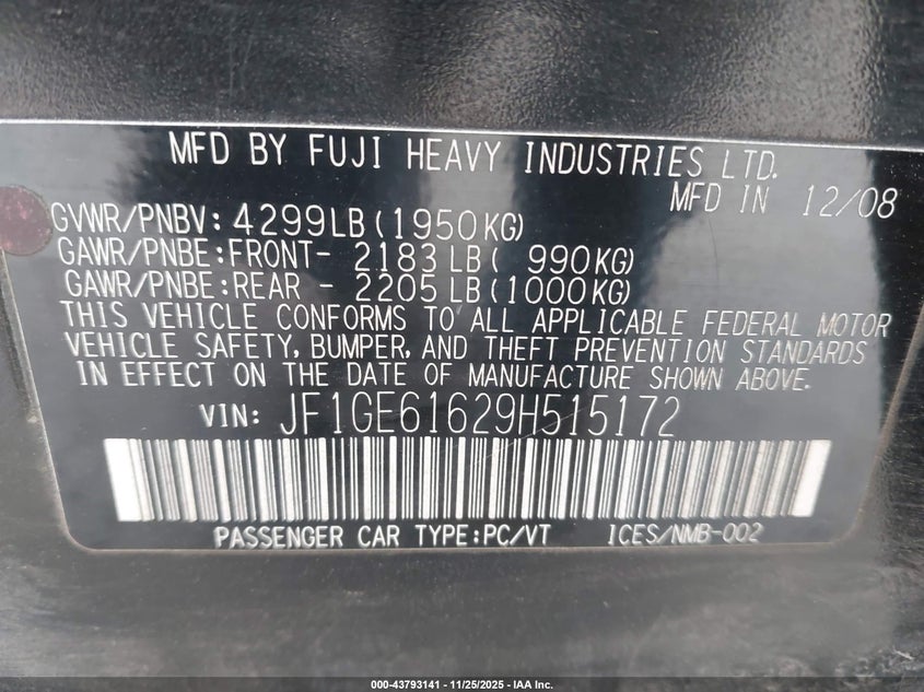 2009 Subaru Impreza 2.5I VIN: JF1GE61629H515172 Lot: 43793141