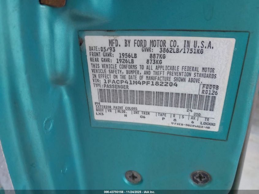 1993 Ford Mustang Lx VIN: 1FACP41M4PF182204 Lot: 43793156