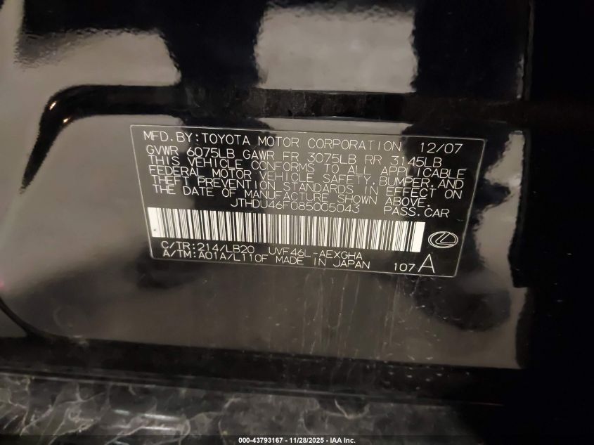 2008 Lexus Ls 600H VIN: JTHDU46F085005043 Lot: 43793167