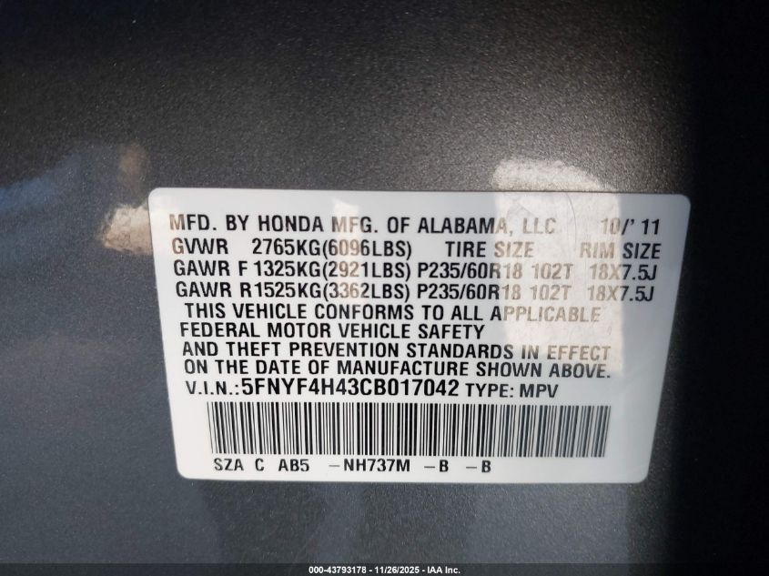 2012 Honda Pilot Ex VIN: 5FNYF4H43CB017042 Lot: 43793178