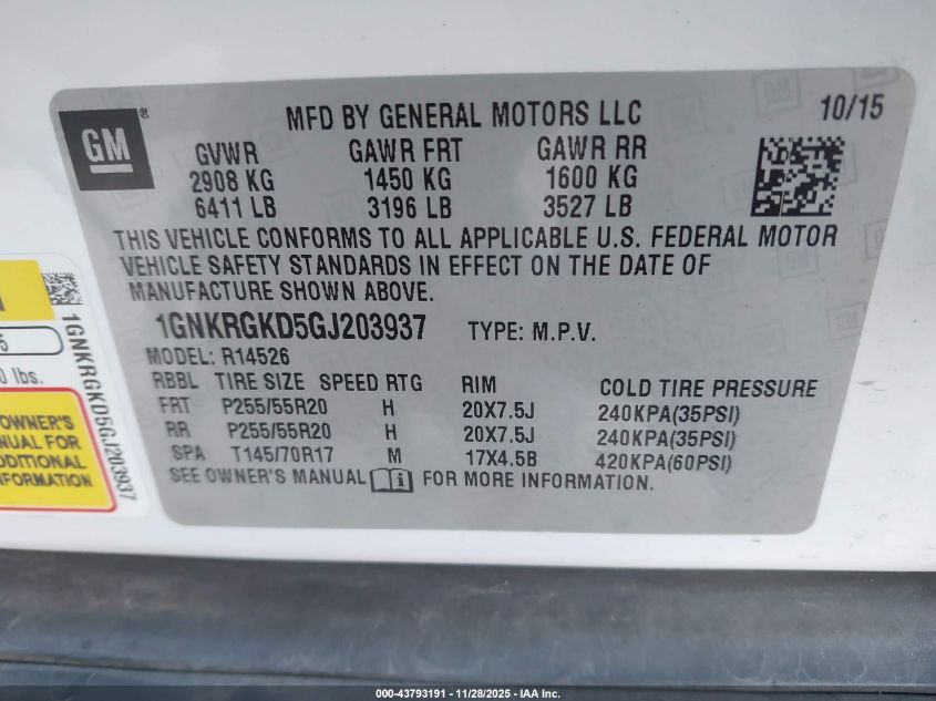 2016 Chevrolet Traverse 1Lt VIN: 1GNKRGKD5GJ203937 Lot: 43793191