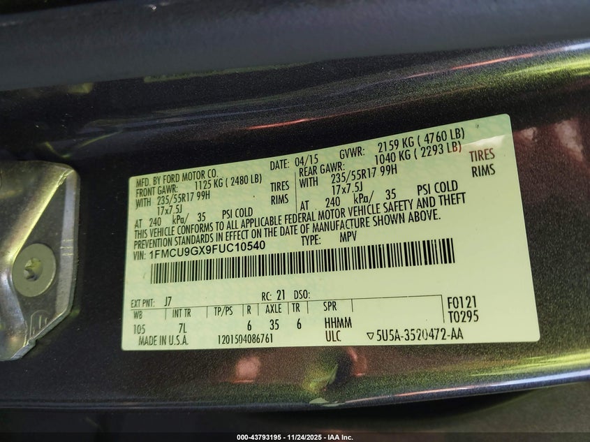 2015 Ford Escape Se VIN: 1FMCU9GX9FUC10540 Lot: 43793195