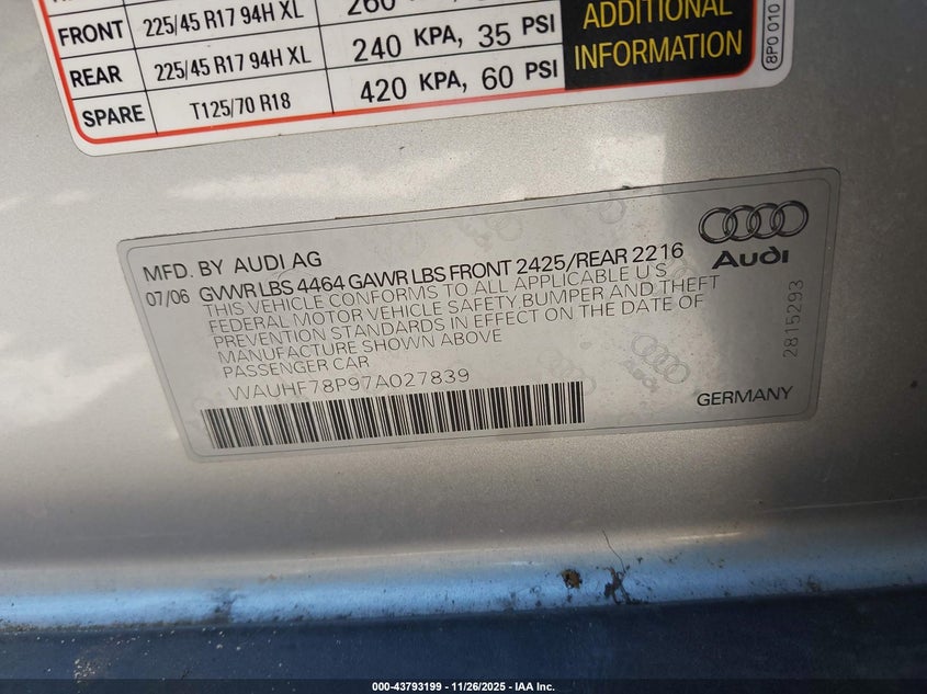 2007 Audi A3 2.0T VIN: WAUHF78P97A027839 Lot: 43793199