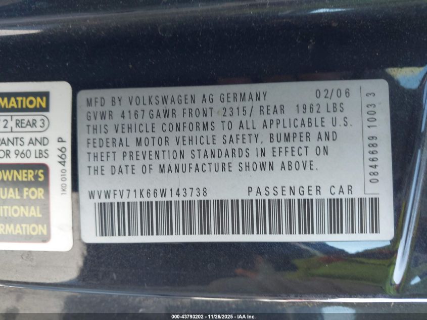 2006 Volkswagen Gti 2-Door VIN: WVWFV71K66W143738 Lot: 43793202