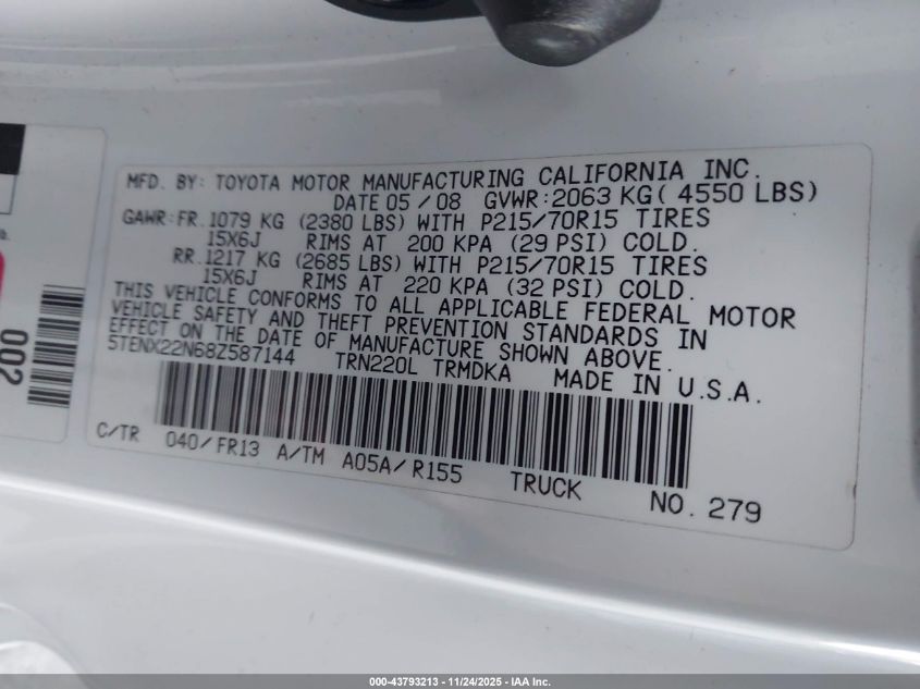 2008 Toyota Tacoma VIN: 5TENX22N68Z587144 Lot: 43793213