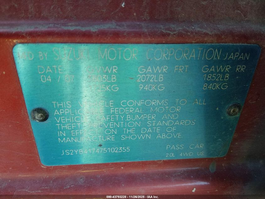 2007 Suzuki Sx4 Sport VIN: JS2YB417475102355 Lot: 43793228