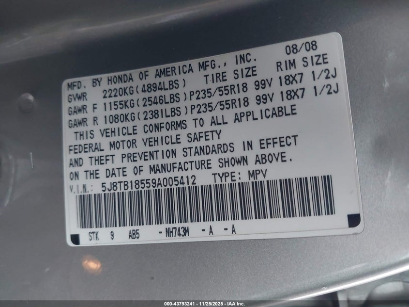 2009 Acura Rdx VIN: 5J8TB18559A005412 Lot: 43793241