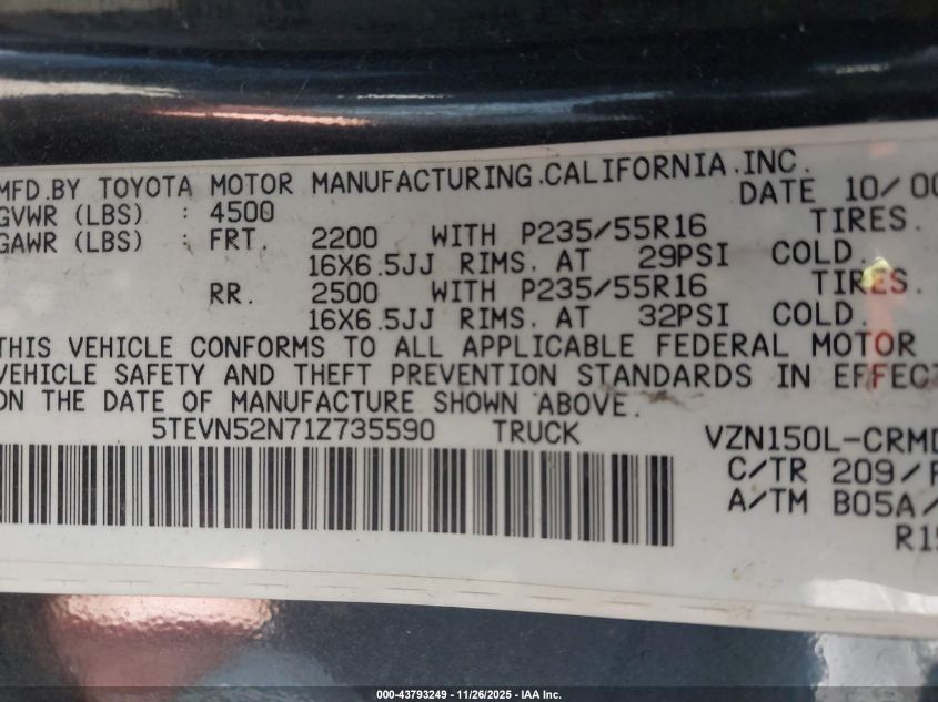 2001 Toyota Tacoma S-Runner VIN: 5TEVN52N71Z735590 Lot: 43793249
