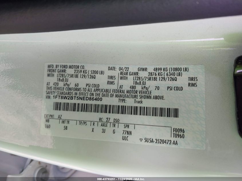 2022 Ford F-250 Lariat VIN: 1FT8W2BT5NED86400 Lot: 43793251