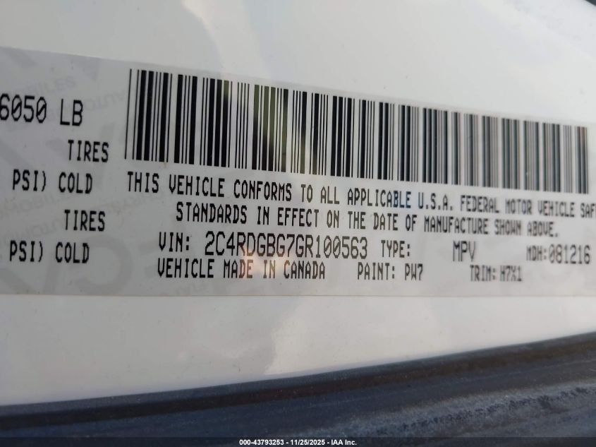 2016 Dodge Grand Caravan Se VIN: 2C4RDGBG7GR100563 Lot: 43793253