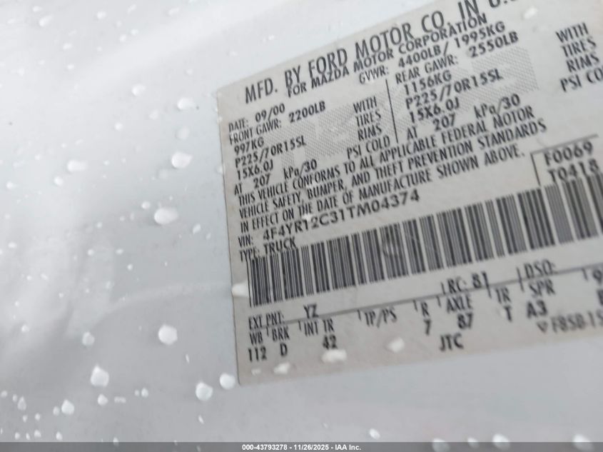 2001 Mazda B2300 Se/Sx VIN: 4F4YR12C31TM04374 Lot: 43793278