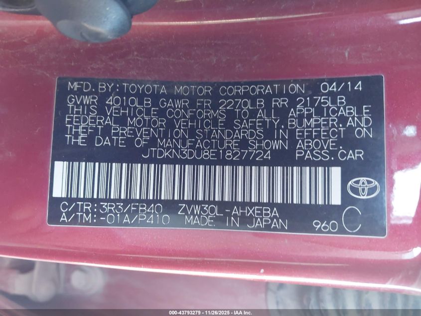 2014 Toyota Prius Three VIN: JTDKN3DU8E1827724 Lot: 43793279