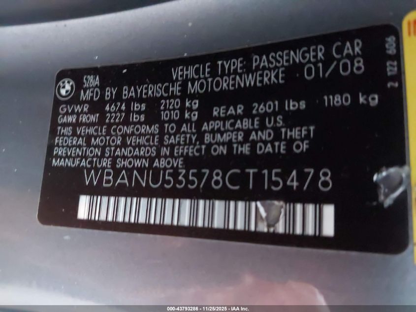 2008 BMW 528I VIN: WBANU53578CT15478 Lot: 43793286