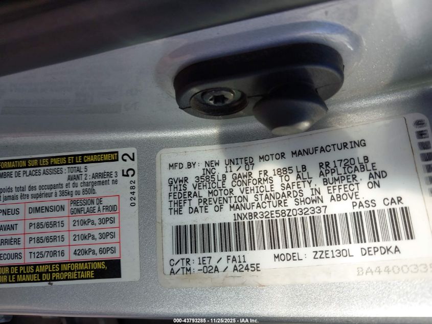 2008 Toyota Corolla Ce VIN: 1NXBR32E58Z032337 Lot: 43793285