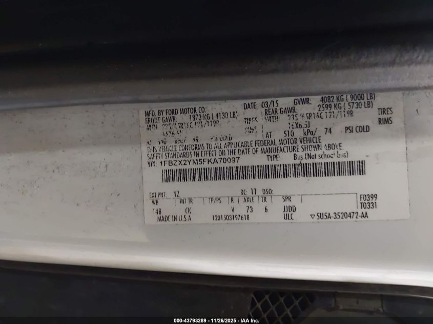 2015 Ford Transit-350 Xlt VIN: 1FBZX2YM5FKA70097 Lot: 43793289