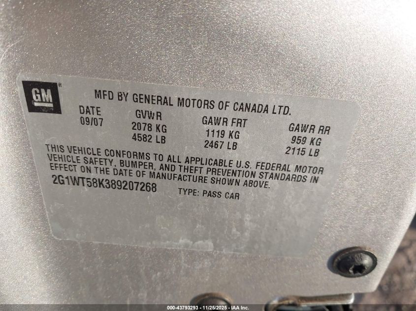 2008 Chevrolet Impala Lt VIN: 2G1WT58K389207268 Lot: 43793293