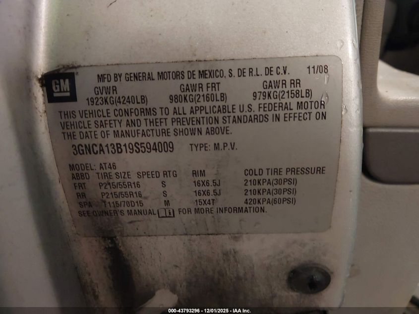 2009 Chevrolet Hhr Ls VIN: 3GNCA13B19S594009 Lot: 43793296