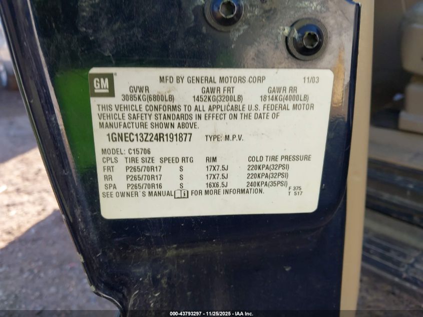 2004 Chevrolet Tahoe Lt VIN: 1GNEC13Z24R191877 Lot: 43793297