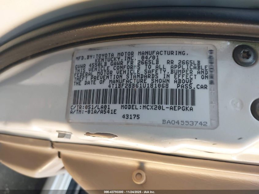 2001 Toyota Avalon Xls VIN: 4T1BF28B61U181068 Lot: 43793300