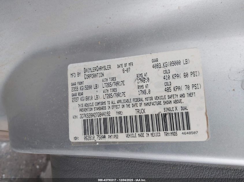 2007 Dodge Ram 2500 Slt/Trx4 Off Road/Sport/Power Wagon VIN: 3D7KS28A27G844192 Lot: 43793317