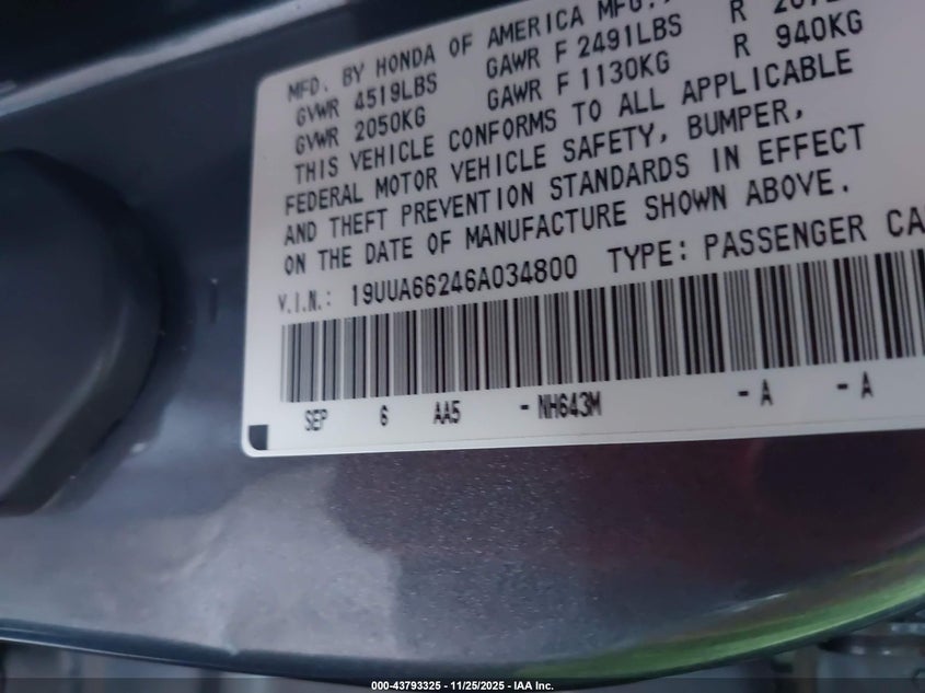 2006 Acura Tl VIN: 19UUA66246A034800 Lot: 43793325