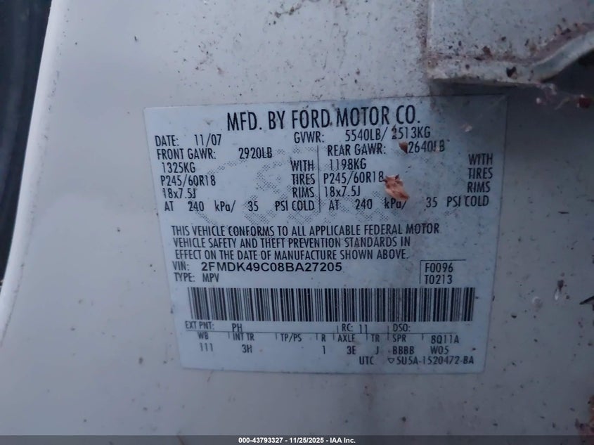 2008 Ford Edge Limited VIN: 2FMDK49C08BA27205 Lot: 43793327