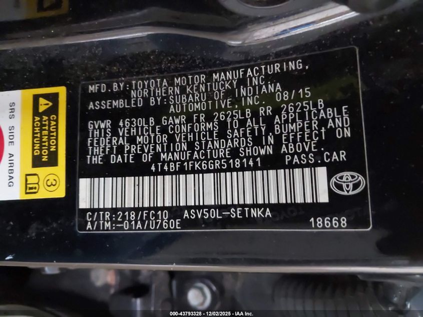 2016 Toyota Camry Le VIN: 4T4BF1FK6GR518141 Lot: 43793328