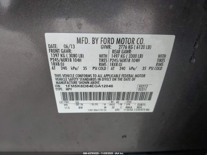 2014 Ford Explorer Xlt VIN: 1FM5K8D84EGA12046 Lot: 43793329