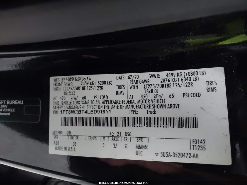 2020 Ford F-250 Xlt VIN: 1FT8W2BT4LED91911 Lot: 43793340