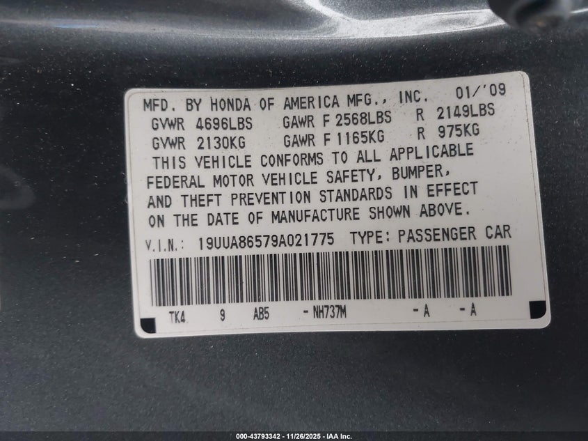 2009 Acura Tl 3.5 VIN: 19UUA86579A021775 Lot: 43793342