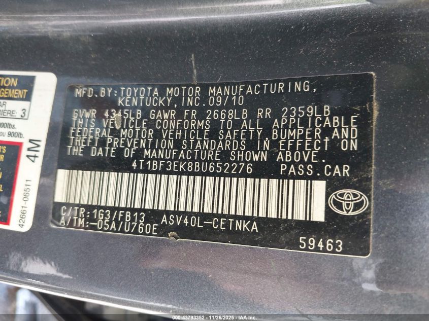 2011 Toyota Camry VIN: 417BF3EK8BU652276 Lot: 43793352