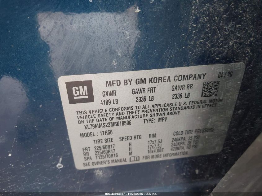 2021 Chevrolet Trailblazer Fwd Ls VIN: KL79MMS23MB018596 Lot: 43793357