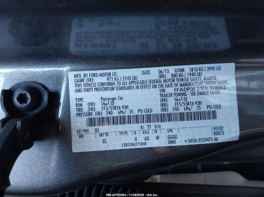 2013 Ford Focus Se VIN: 1FADP3F23DL378962 Lot: 43793364