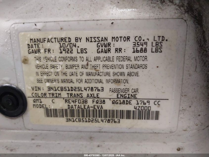 2005 Nissan Sentra 1.8S VIN: 3N1CB51D25L478763 Lot: 43793365