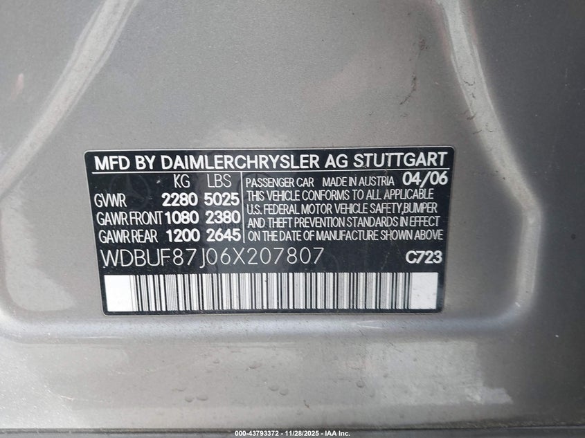 2006 Mercedes-Benz E 350 4Matic VIN: WDBUF87J06X207807 Lot: 43793372