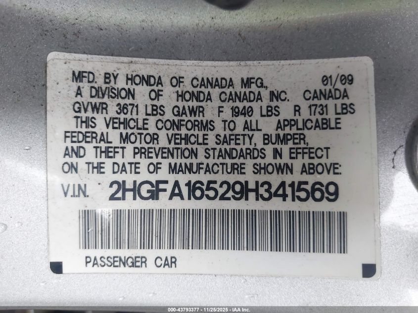 2009 Honda Civic Lx VIN: 2HGFA16529H341569 Lot: 43793377