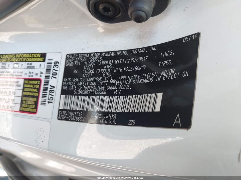 2014 Toyota Sienna Le V6 8 Passenger VIN: 5TDKK3DCXES492968 Lot: 43793385