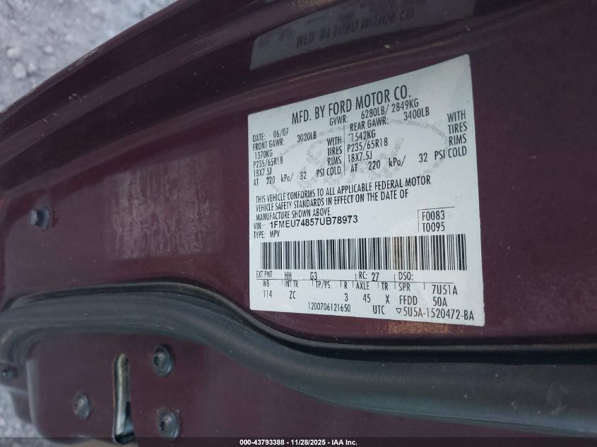 2007 Ford Explorer Eddie Bauer VIN: 1FMEU74857UB78973 Lot: 43793388