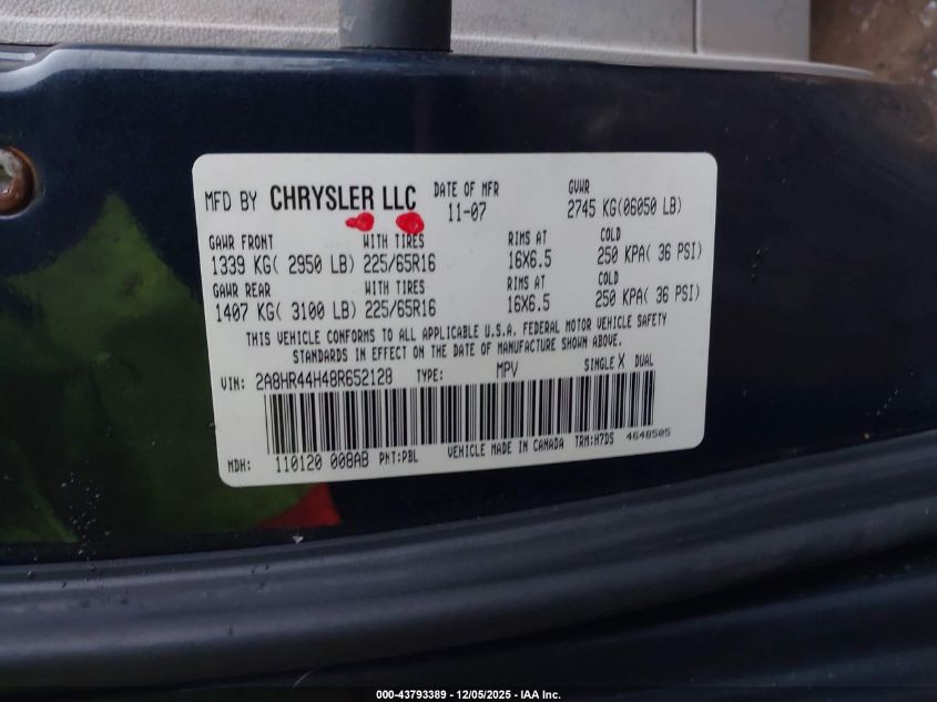 2008 Chrysler Town & Country Lx VIN: 2A8HR44H48R652128 Lot: 43793389