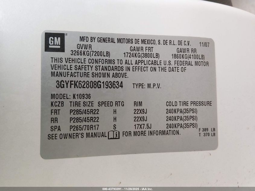 2008 Cadillac Escalade Ext Standard VIN: 3GYFK62808G193634 Lot: 43793391
