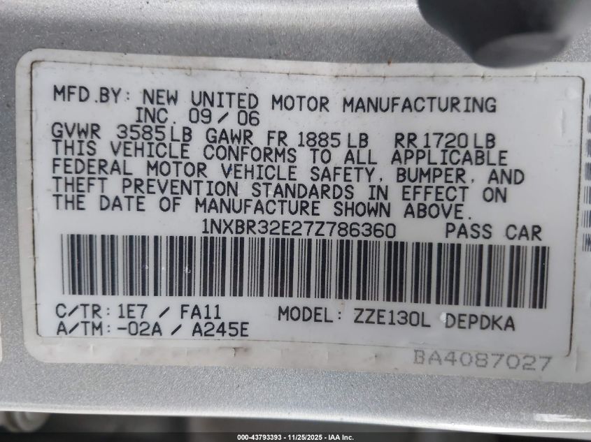 2007 Toyota Corolla Ce VIN: 1NXBR32E27Z786360 Lot: 43793393